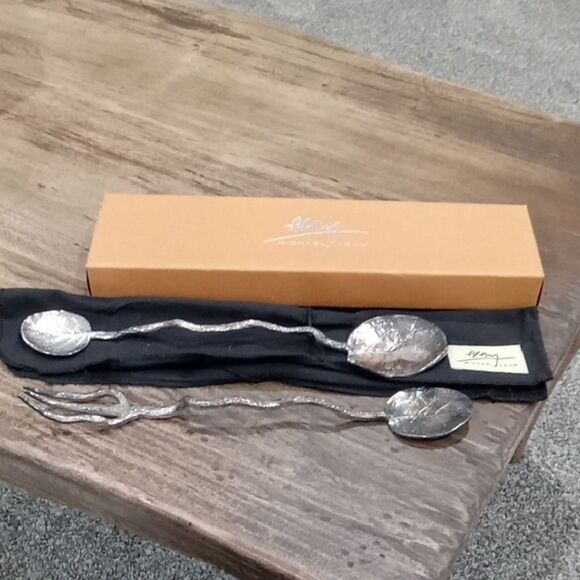 Michael Aram Silver Plated Botanical 12" Salad Spoon & Fork Serving Set - Picture 1 of 3